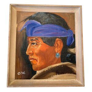 VTG Framed Native American Portrait Charlie Pino Zuni Signed O.W. Oil Painting